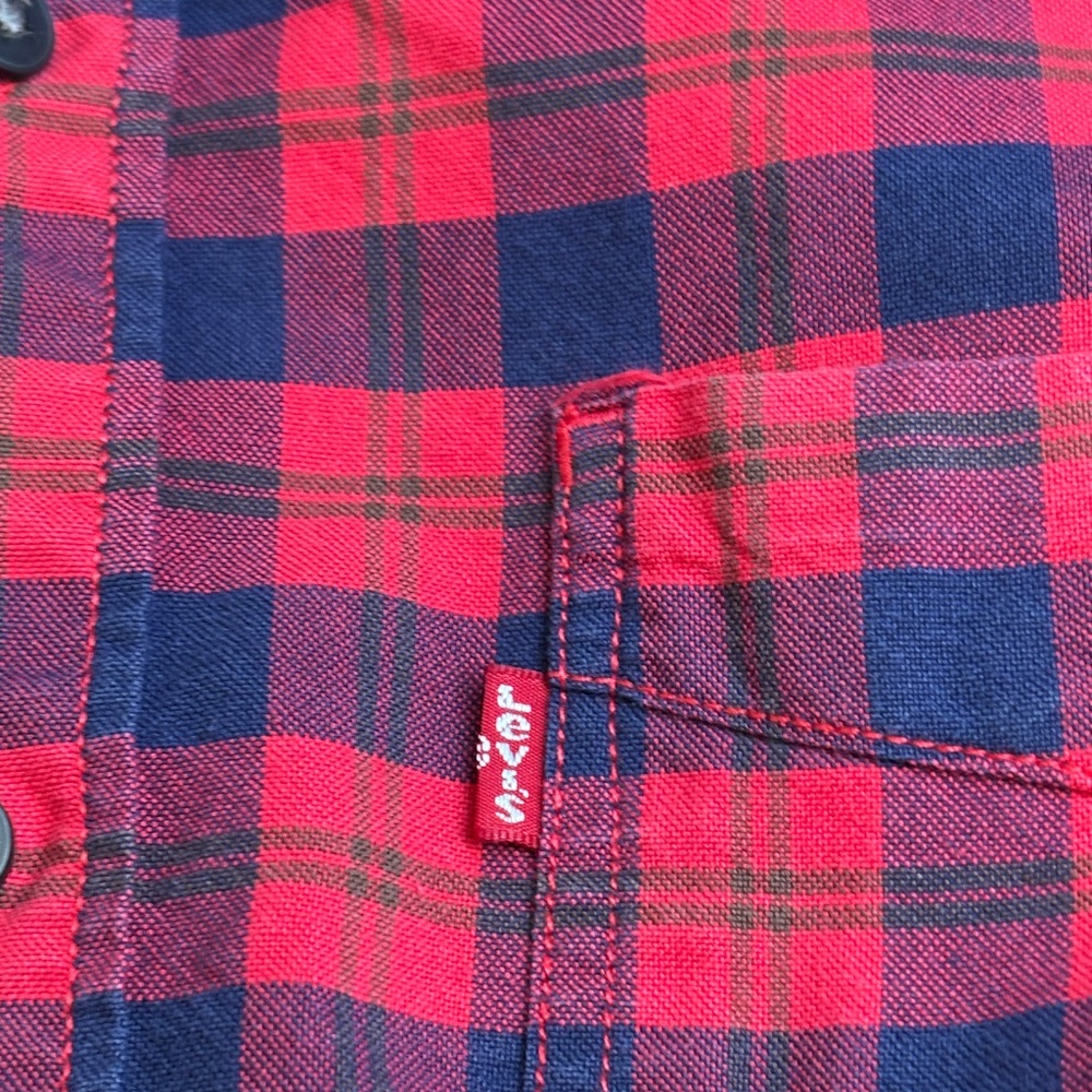Levi’s Slim Fit Plaid Button-Down Shirt Red Navy Cotton L Unisex Fall Cabincore - Picture 9 of 11